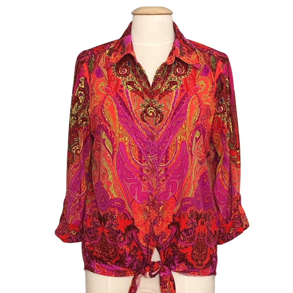 Retro Colorful Womens Top M Pink Orange Paisley Jersey Knit Tie Artsy Boho 90s